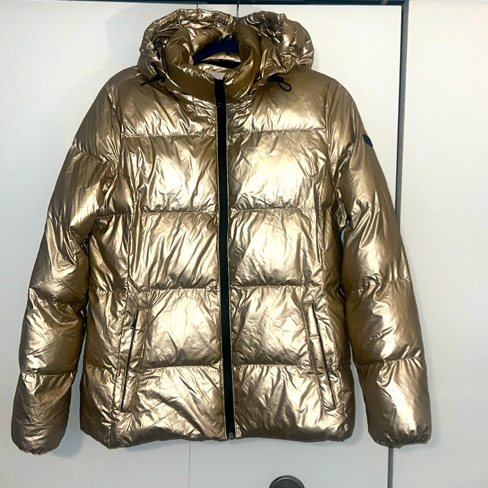 BCBGeneration Hooded Puffer Coat Metallic Gold Sz M